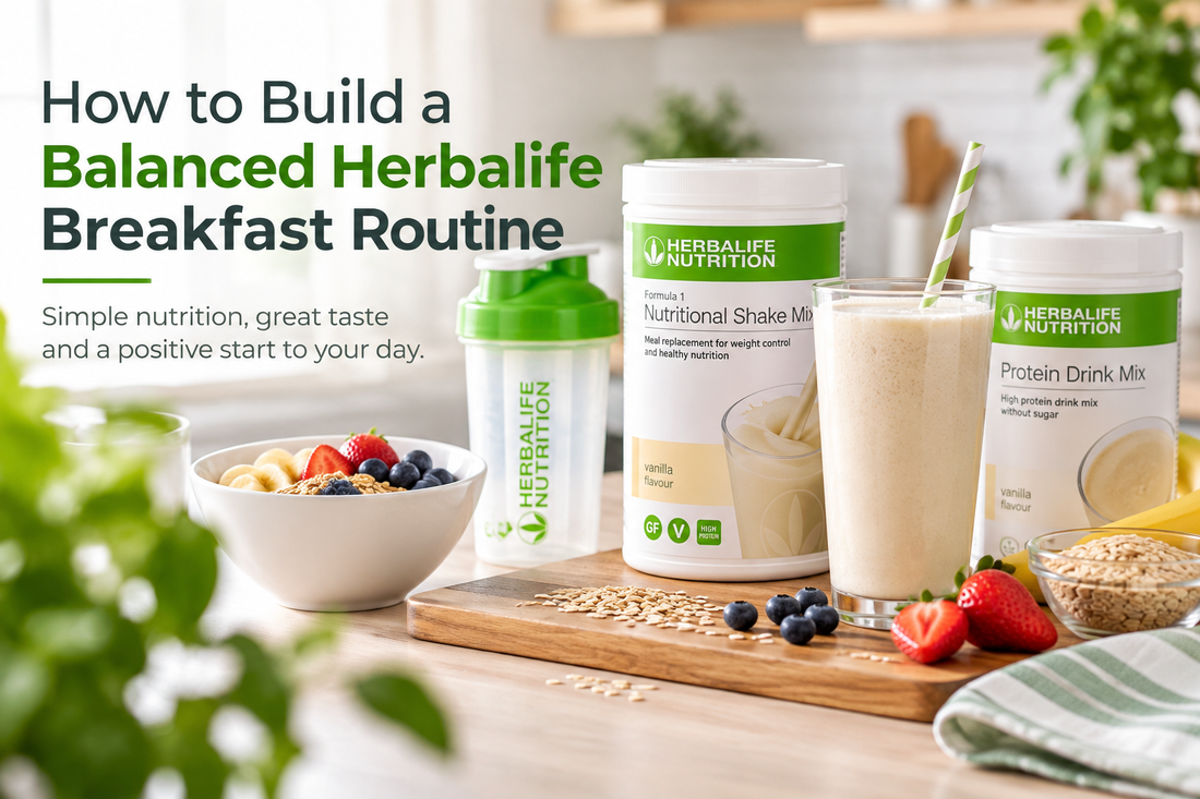 Herbalife Formula 1 and Protein Drink Mix with a balanced breakfast shake